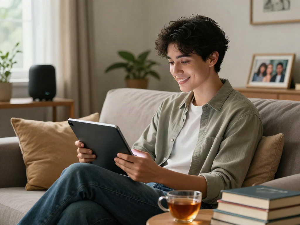 User enjoying a positive interaction with a porn chat ai on a tablet in a cozy living room setting.