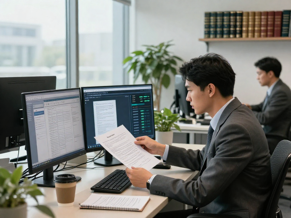 Forensic analyst examining digital documents for document fraud detection in a modern corporate office setting