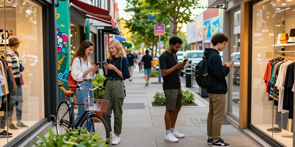 Group of trendy young adults enjoying shopping at rokok88 merchandise store