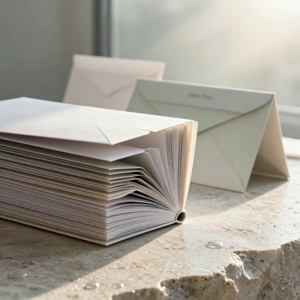 Scultura editoriale di cartelle, divisori e buste su pietra chiara, luce dell’alba