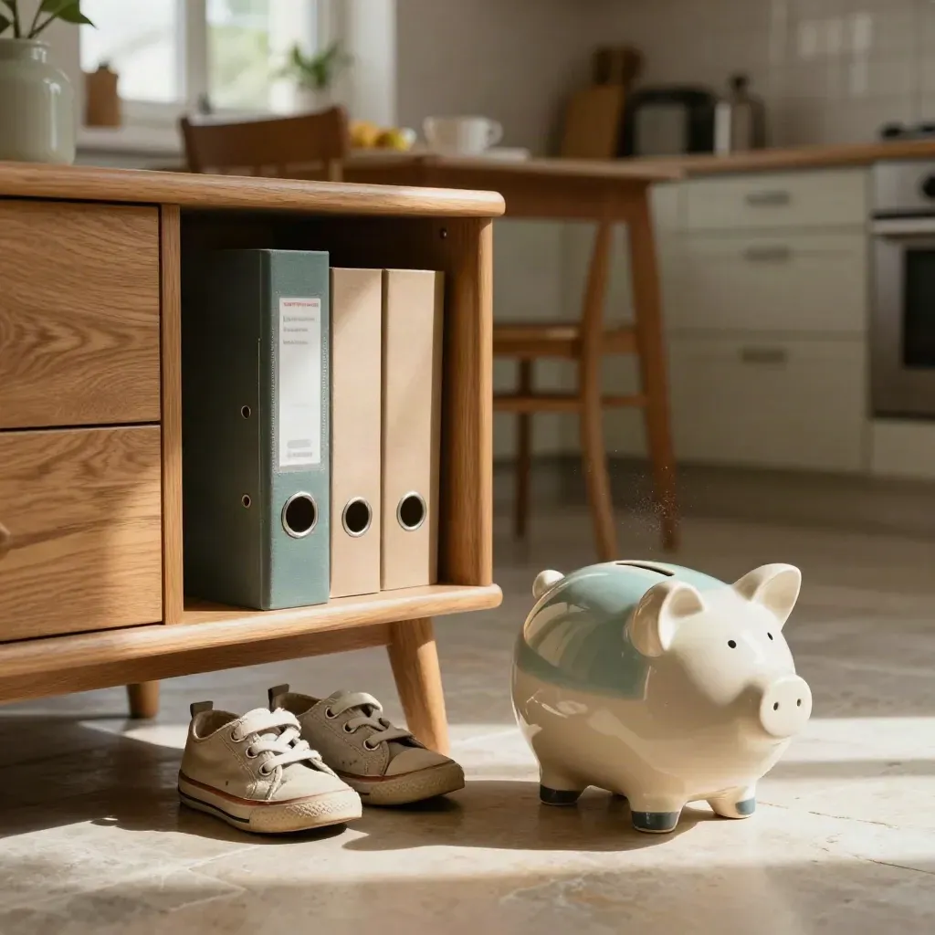Salvadanaio in ceramica e raccoglitore chiuso su credenza, con scarpe da bimbo sotto.
