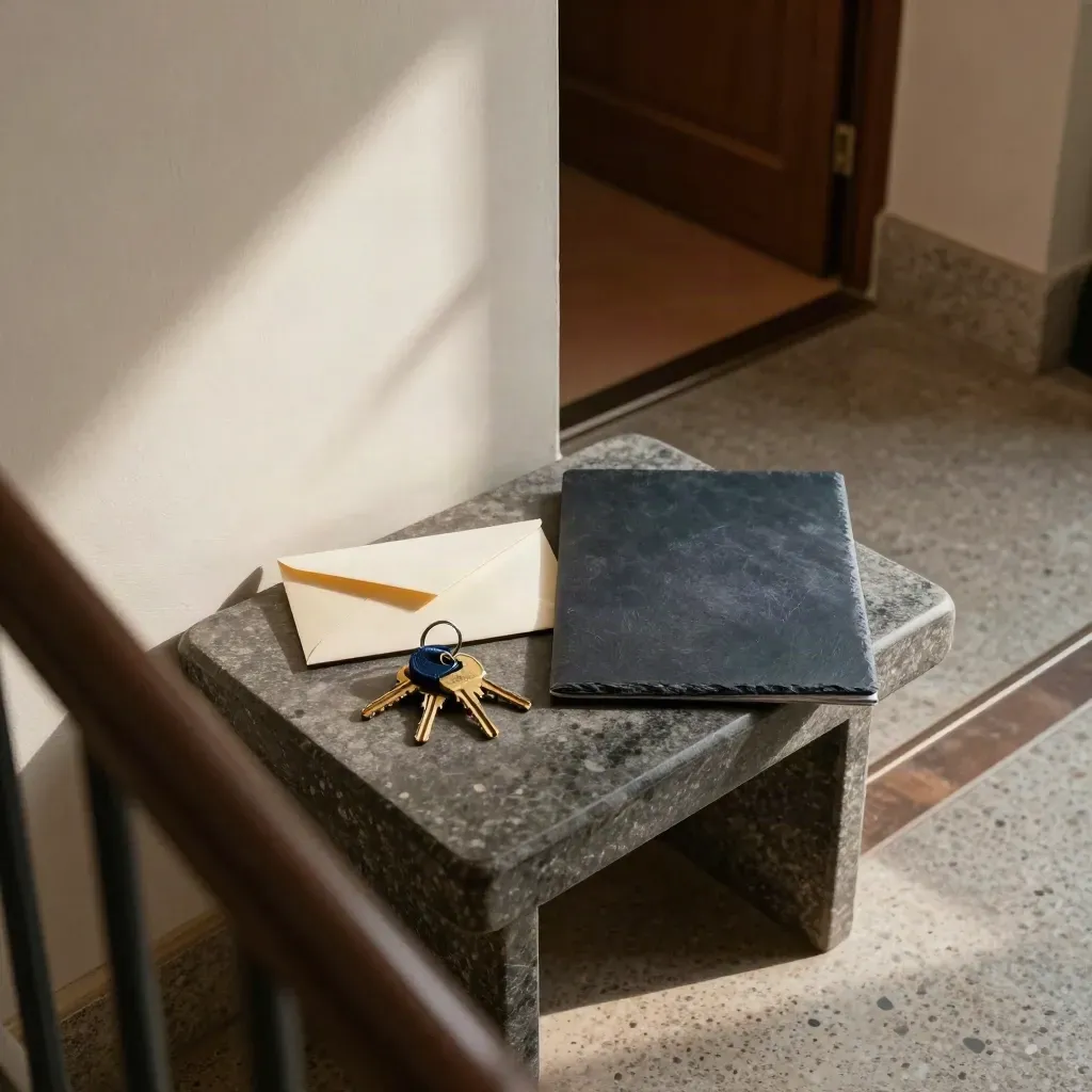 Ingresso di condominio con chiavi, buste opache e cartellina chiusa su banco di pietra