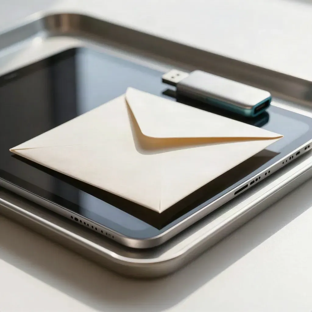 Vassoio con tablet spento, busta piatta, chiavetta USB e cartellina sottile su sfondo bianco.