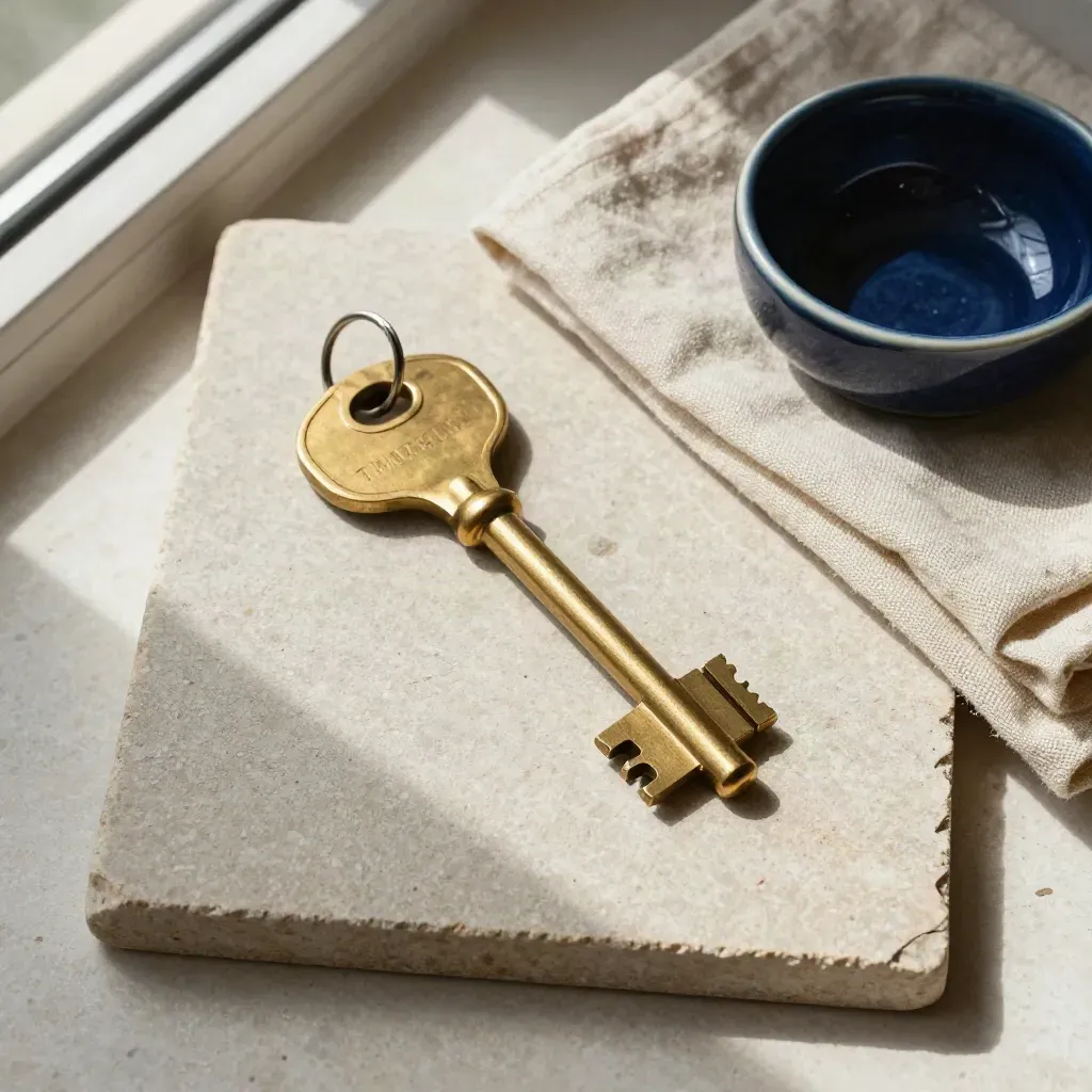 Chiave in ottone su vassoio di pietra con lino piegato e ciotola in ceramica.