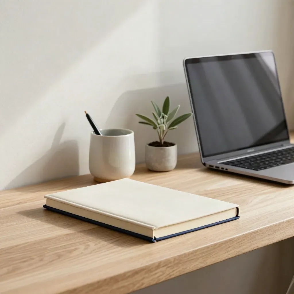 Quaderno chiuso, portapenne, laptop abbassato e pianta su ledge chiaro, luce del mattino.